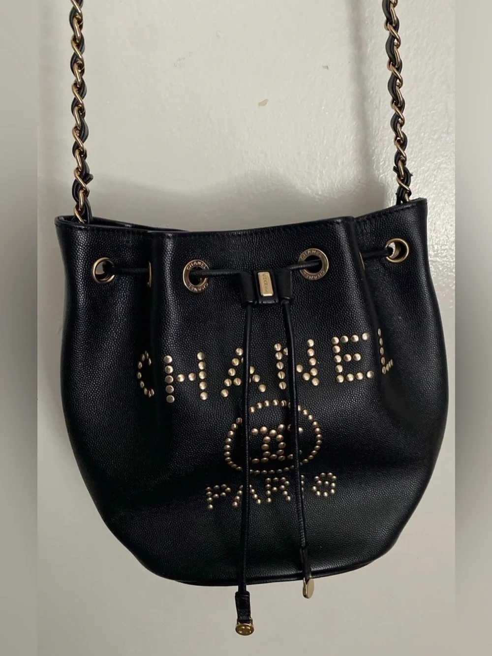 Chanel Bucket Black/gold Caviar Crossbody Studded small Mini CC Flap WOC Worn 1x